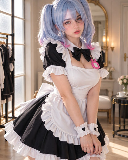 Close portrait of a model in a black and white ruffle maid cosplay dress with pastel blue twin tails.