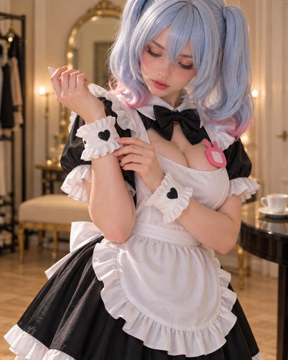 Model in a maid cosplay dress with ruffled apron and pastel blue twin tails.