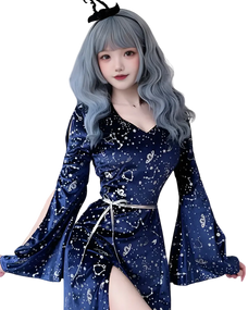 A model wearing Elena witch costume  glow in the dark Halloween witch dress with a mystical design  close up