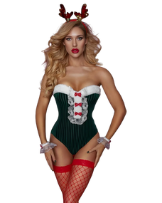 Woman wearing a festive green and red outfit with reindeer antlers on a white background