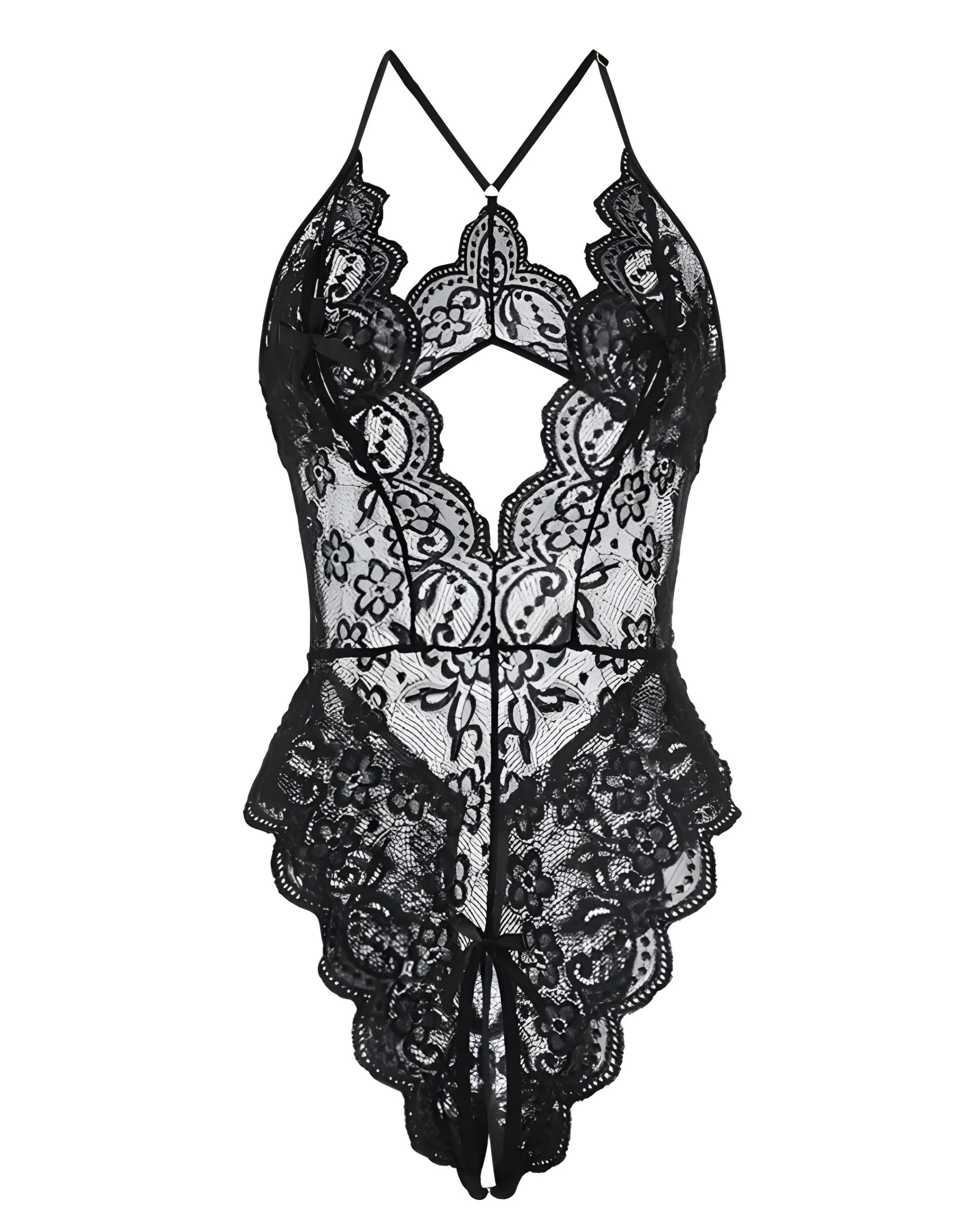 Exotic Transparent Lace Valentine’s Day Lingerie Set with open-crotch design black 