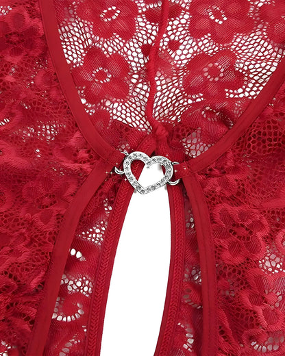 Exotic Transparent Lace Valentine’s Day Lingerie Set with open-crotch design heart shaped buckle in red 