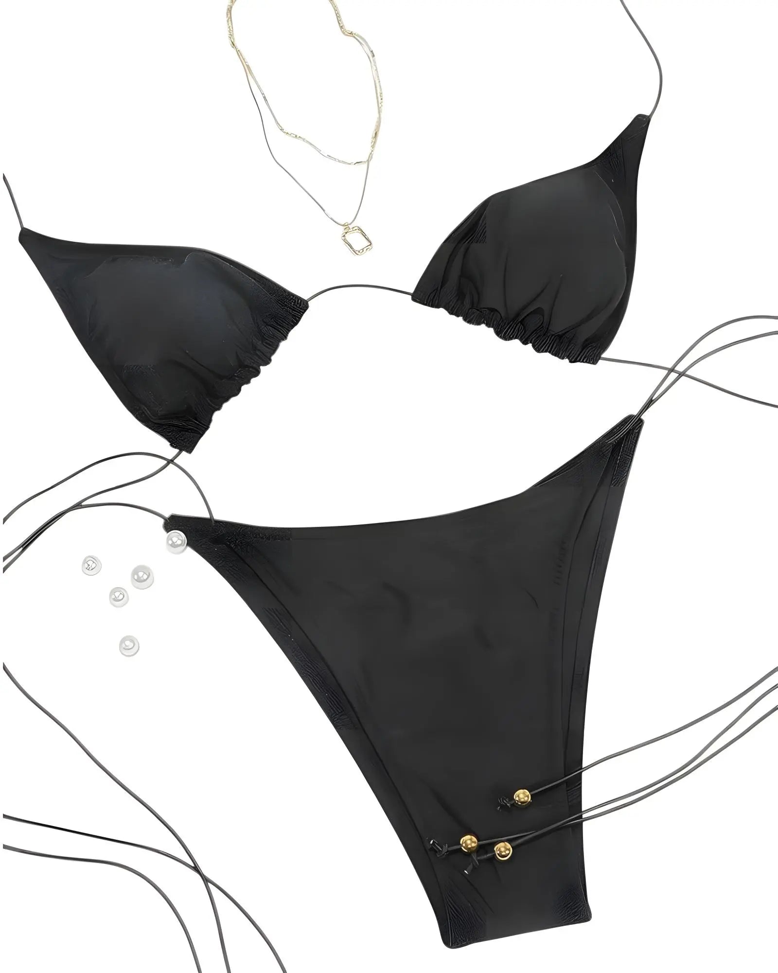 Black bikini set with gold buttons on a white background