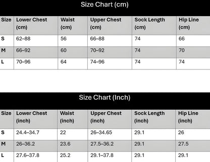 A size chart table showing measurements in centimeters and inches for sizes S, M, and L, with columns for lower chest, waist, upper chest, sock length, and hip line.