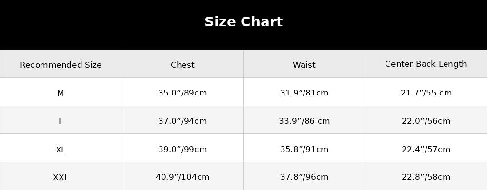 A size chart table with columns for Recommended Size, Chest, Waist, and Center Back Length, shown on a black background with white text and gray table headers.