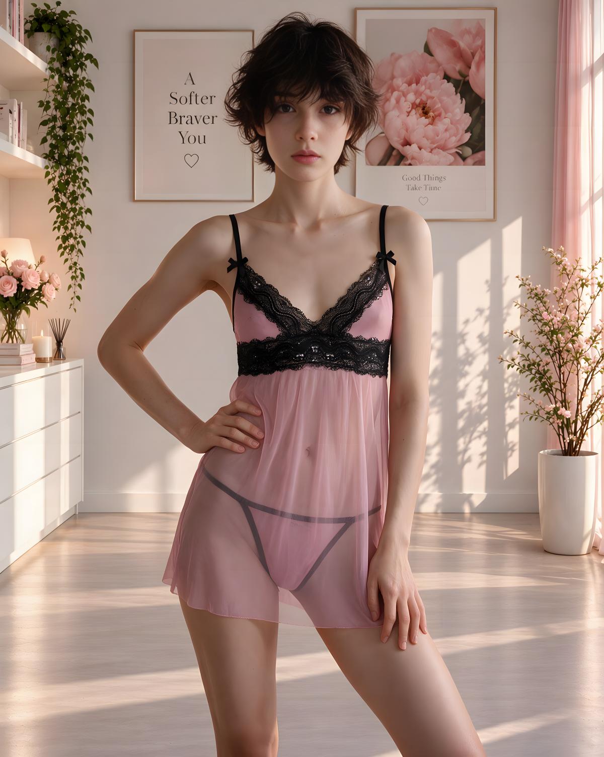 A woman models a pink sheer babydoll lingerie chemise with black lace trim and black inner thong in a brightly lit, modern bedroom setting.