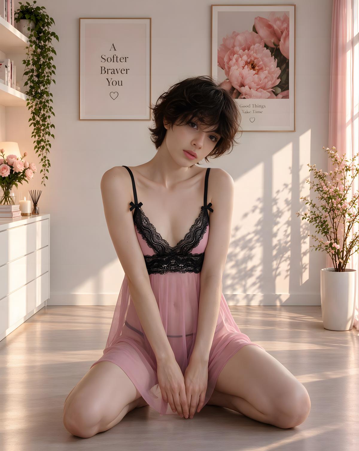 A woman kneels on a sunlit wooden floor in a softly lit bedroom, wearing a pink lingerie slip with black lace trim and matching pink shorts. Framed wall art, shelves, and plants are visible in the room.