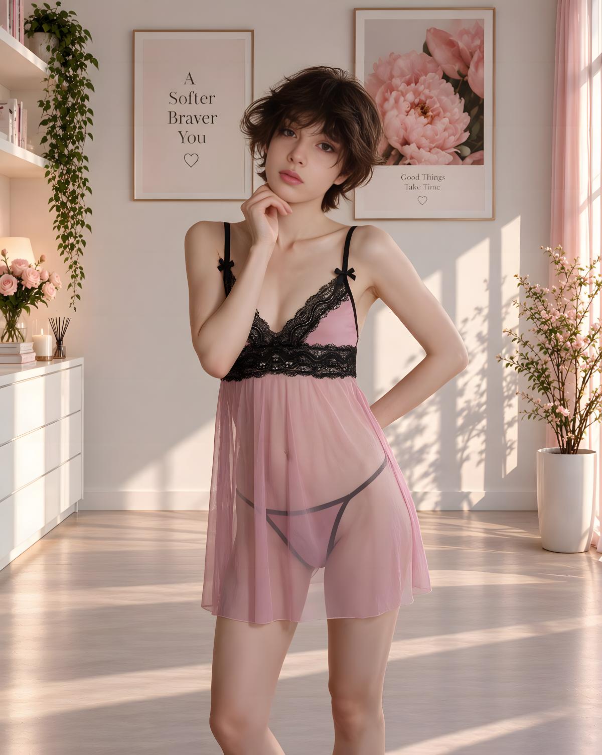 A woman models a pink sheer babydoll lingerie chemise with a black lace bust and black trim, standing in a brightly lit, modern bedroom with pink-toned decor.