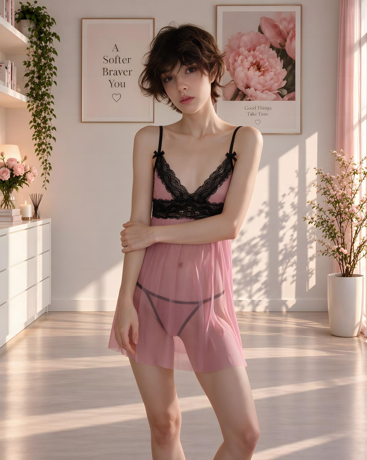 A woman stands in a sunlit bedroom wearing a sheer pink lingerie set with black lace trim and black undergarments. Framed wall art, shelves, and potted plants are visible in the room.