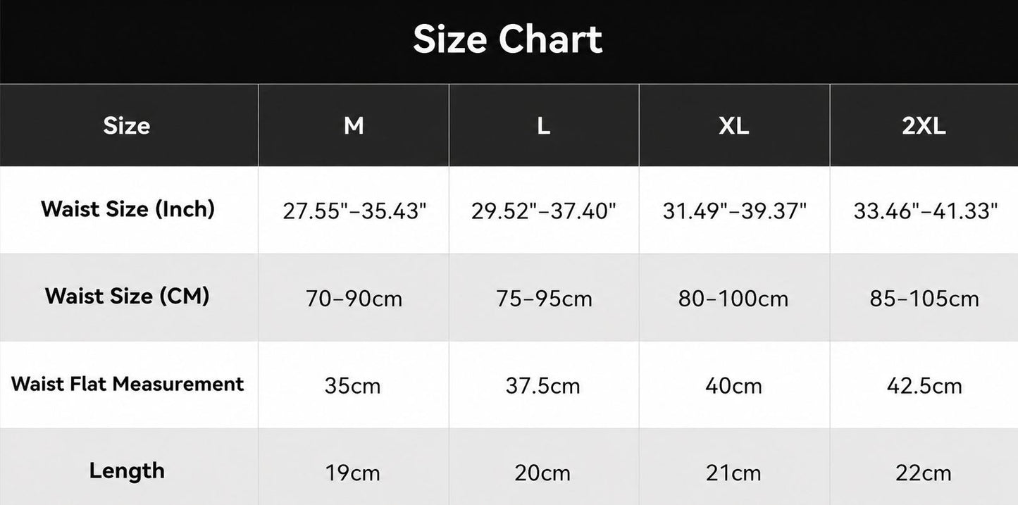 A size chart table showing waist size measurements in inches and centimeters for sizes M, L, XL, and 2XL, with rows for waist size, waist flat measurement, and length.