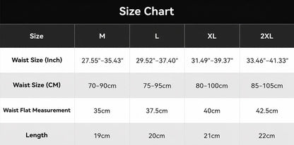 A size chart table showing waist size measurements in inches and centimeters for sizes M, L, XL, and 2XL, with rows for waist size, waist flat measurement, and length.