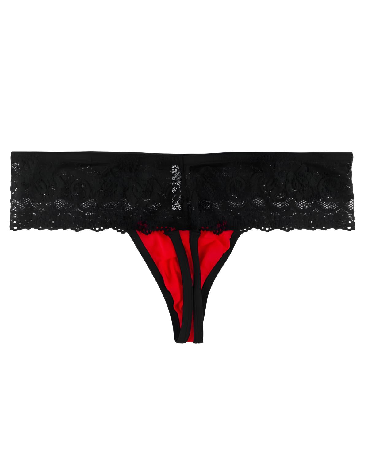 Black lace thong underwear with a bright red inner lining, shown flat against a plain white background.