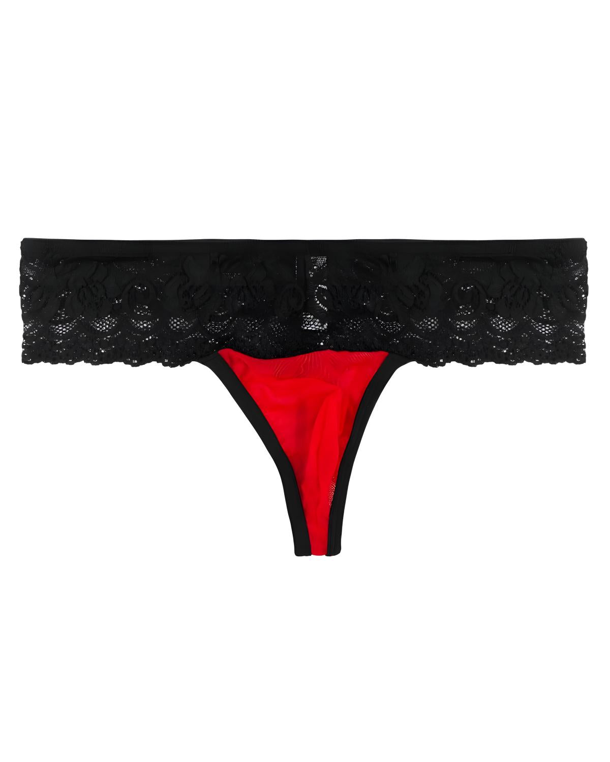 Black lace thong underwear with a bright red inner lining, displayed flat against a solid white background.