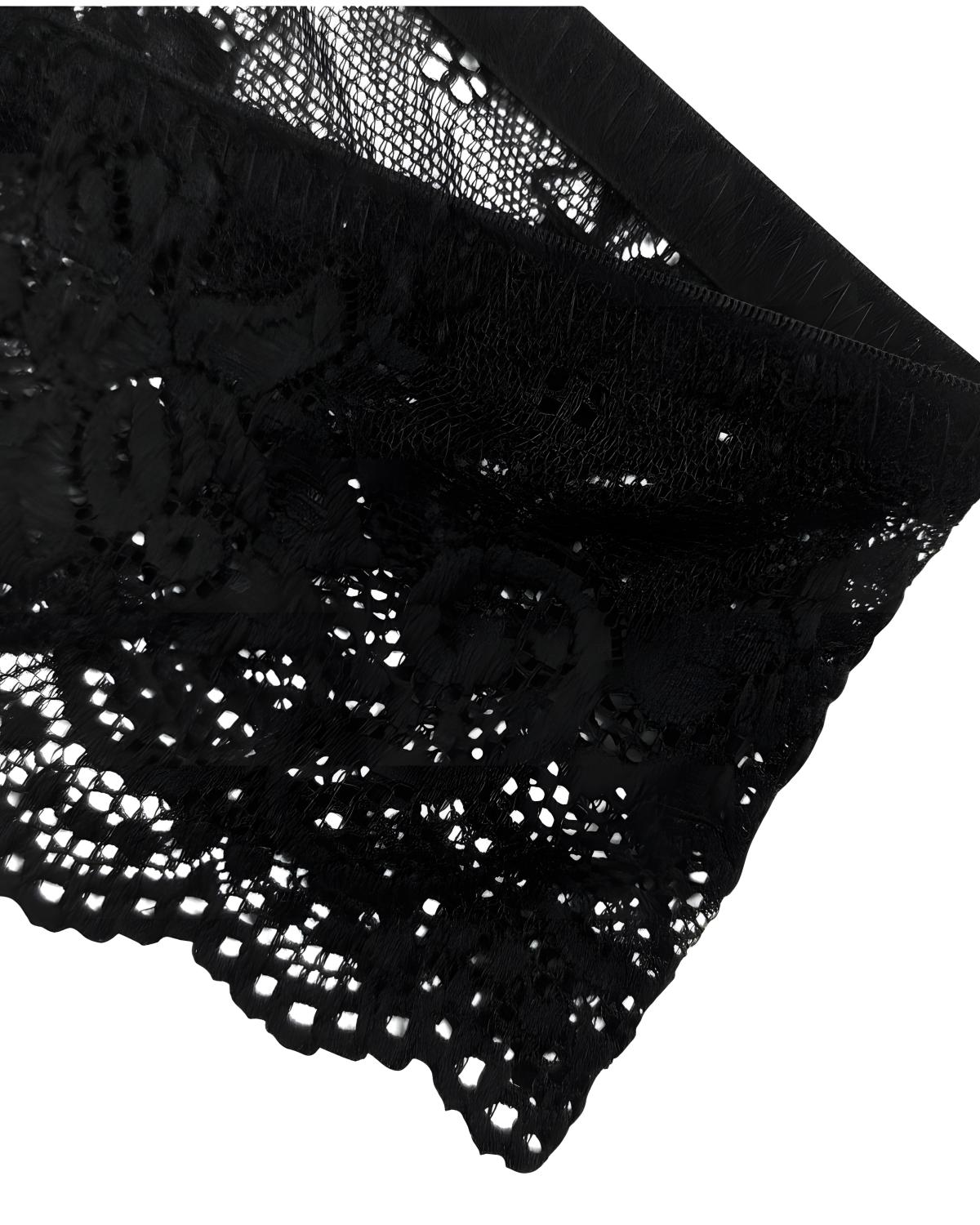 Black lace fabric with floral embroidery and a scalloped eyelet edge, shown folded on a white background.