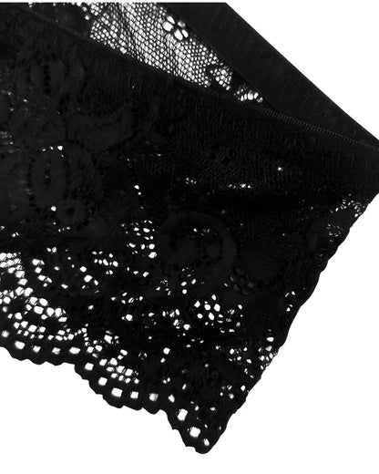 Black lace fabric with floral embroidery and a scalloped eyelet edge, shown folded on a white background.