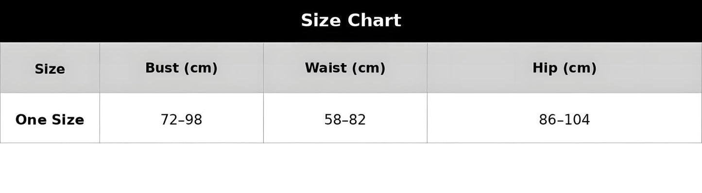 A size chart table with columns labeled Size, Bust (cm), Waist (cm), and Hip (cm). The top header reads 'Size Chart' on a black background, and the table has a white and light gray grid with one size listed as 72-98, 58-82, and 86-104.