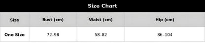 A size chart table with columns labeled Size, Bust (cm), Waist (cm), and Hip (cm). The top header reads 'Size Chart' on a black background, and the table has a white and light gray grid with one size listed as 72-98, 58-82, and 86-104.