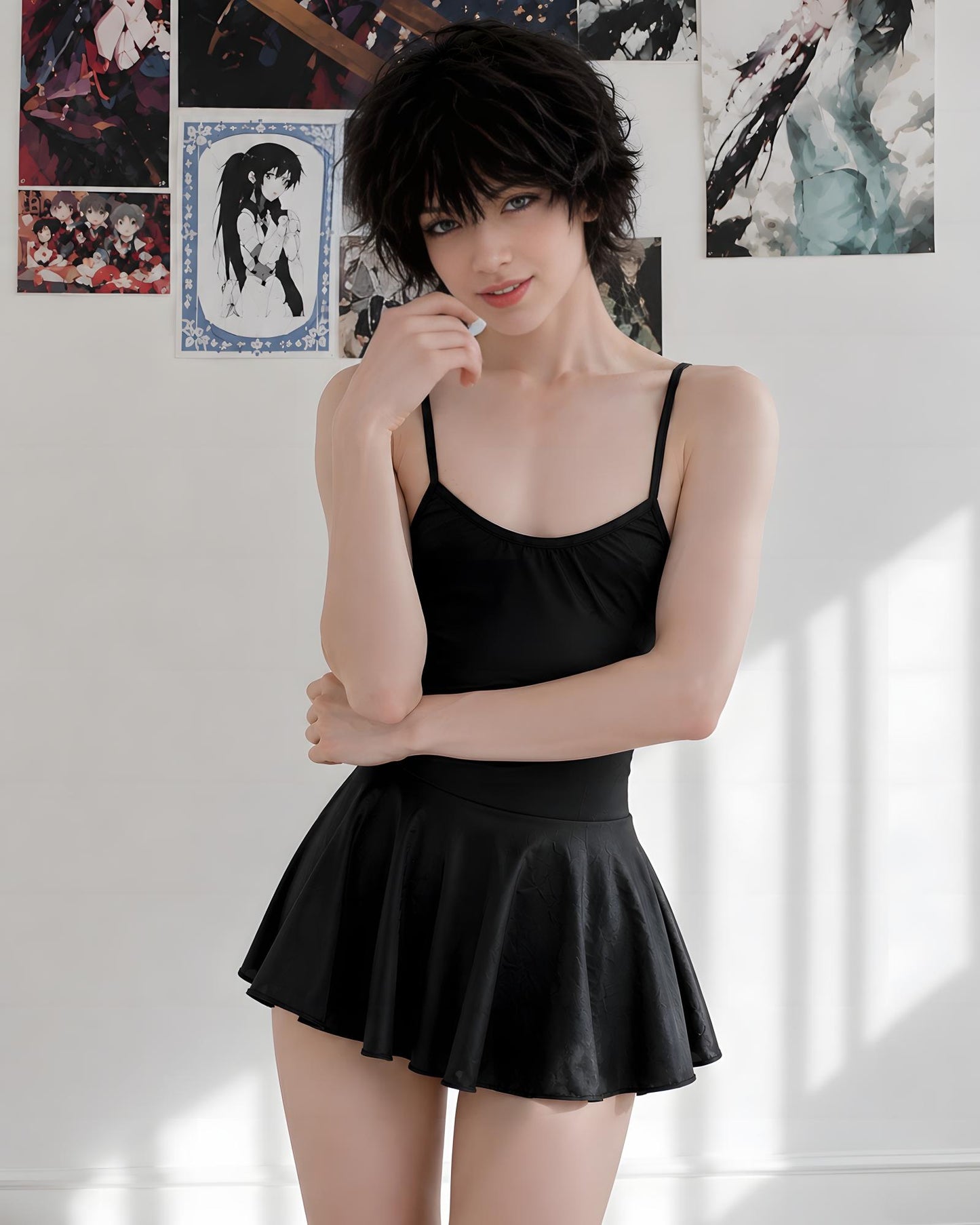 A model with short dark hair wearing a black spaghetti-strap camisole top and a matching black pleated mini skirt, posing against a white wall decorated with art prints.