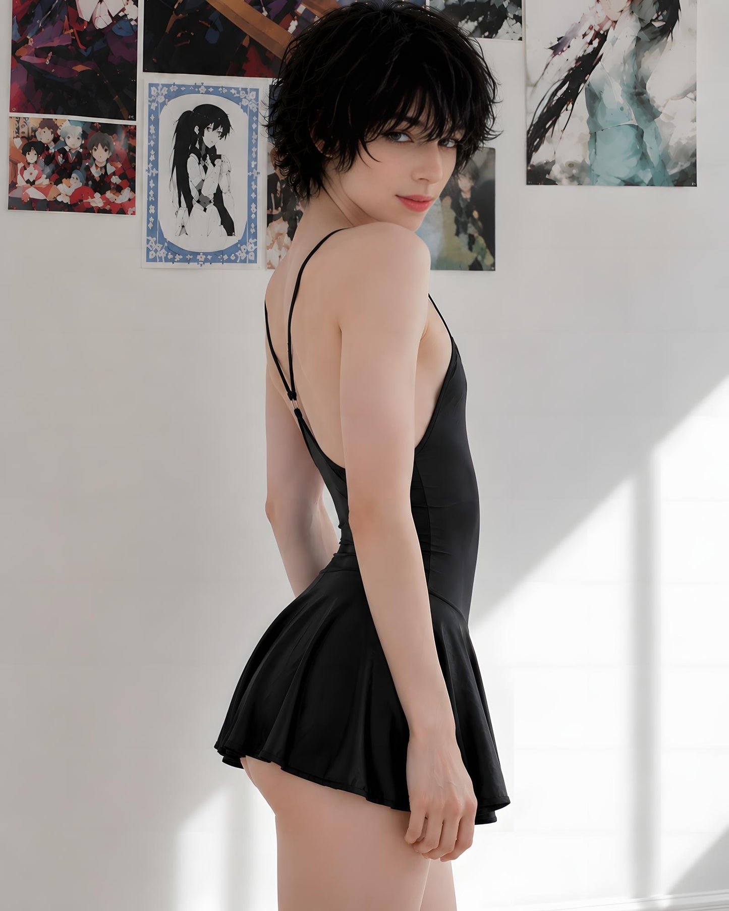 A woman with short dark hair is shown from the back wearing a black one-piece swimsuit with thin shoulder straps and a short flared skirt, standing against a white wall with framed art behind her.