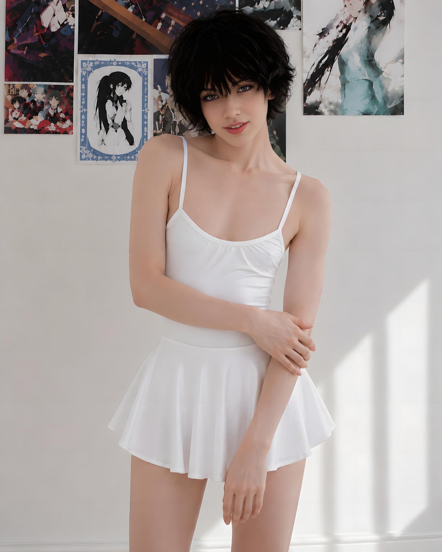 A model with short black hair wearing a white spaghetti-strap camisole top and matching white pleated mini skirt, standing against a white wall decorated with anime posters.