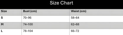 A size chart table with columns labeled Size, Bust (cm), and Waist (cm), showing rows for S, M, and L sizes.