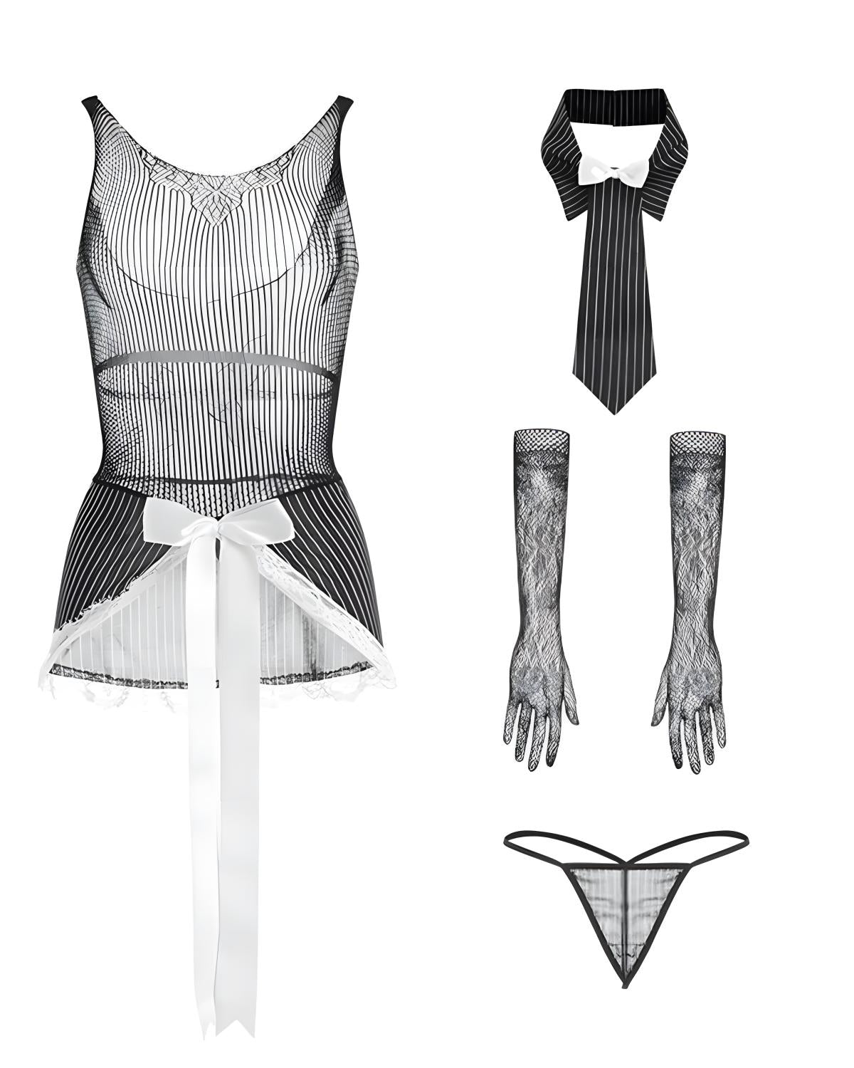 Femboy Sheer Mesh Mini Dress Lingerie Set with Tie & Gloves