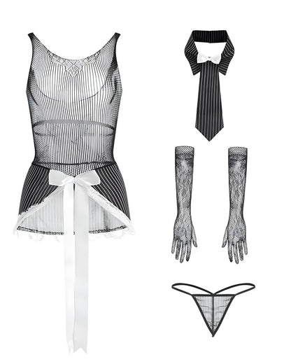 Femboy Sheer Mesh Mini Dress Lingerie Set with Tie & Gloves