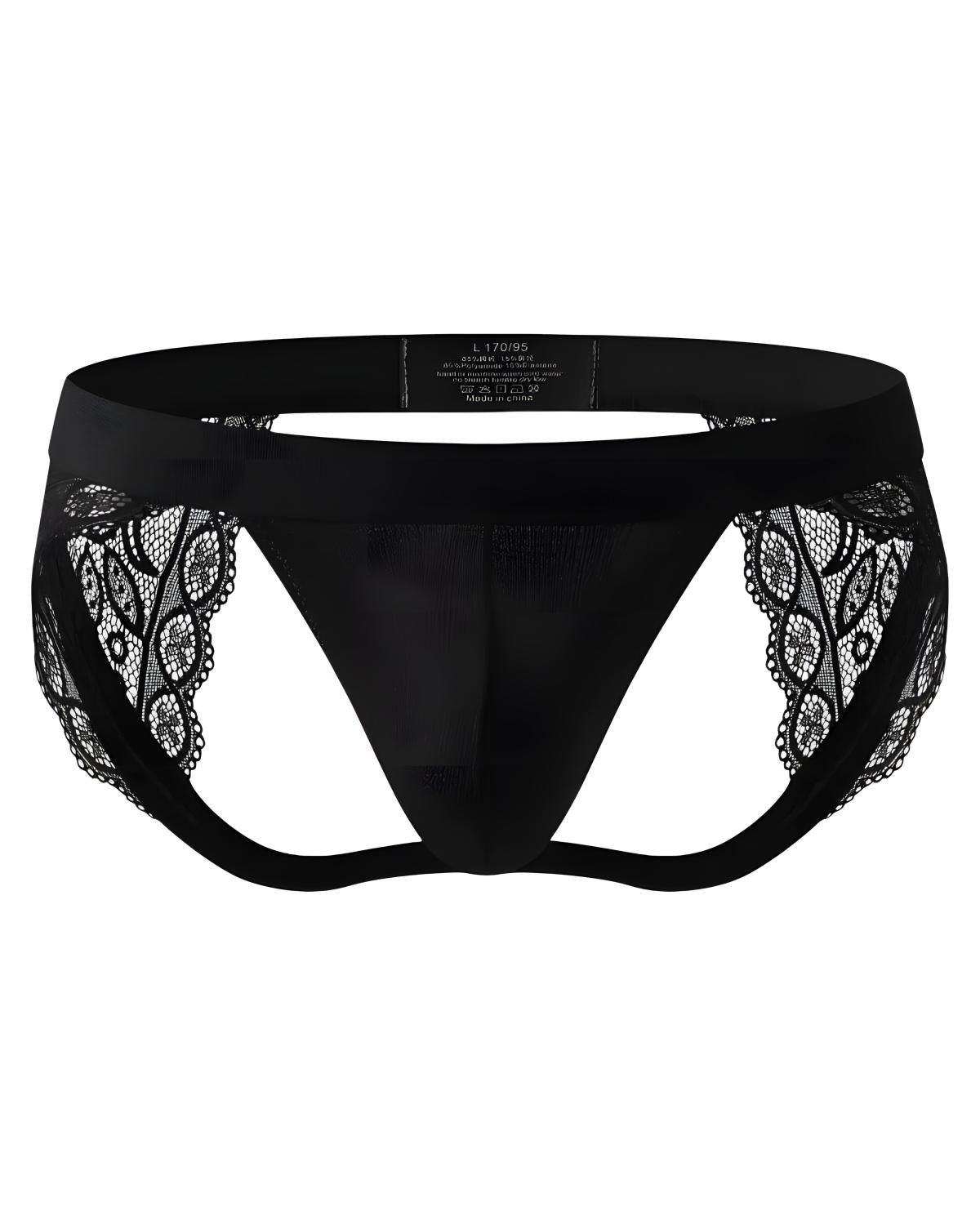 Black lace thong underwear with a wide waistband and sheer lace side panels, shown against a plain white background.