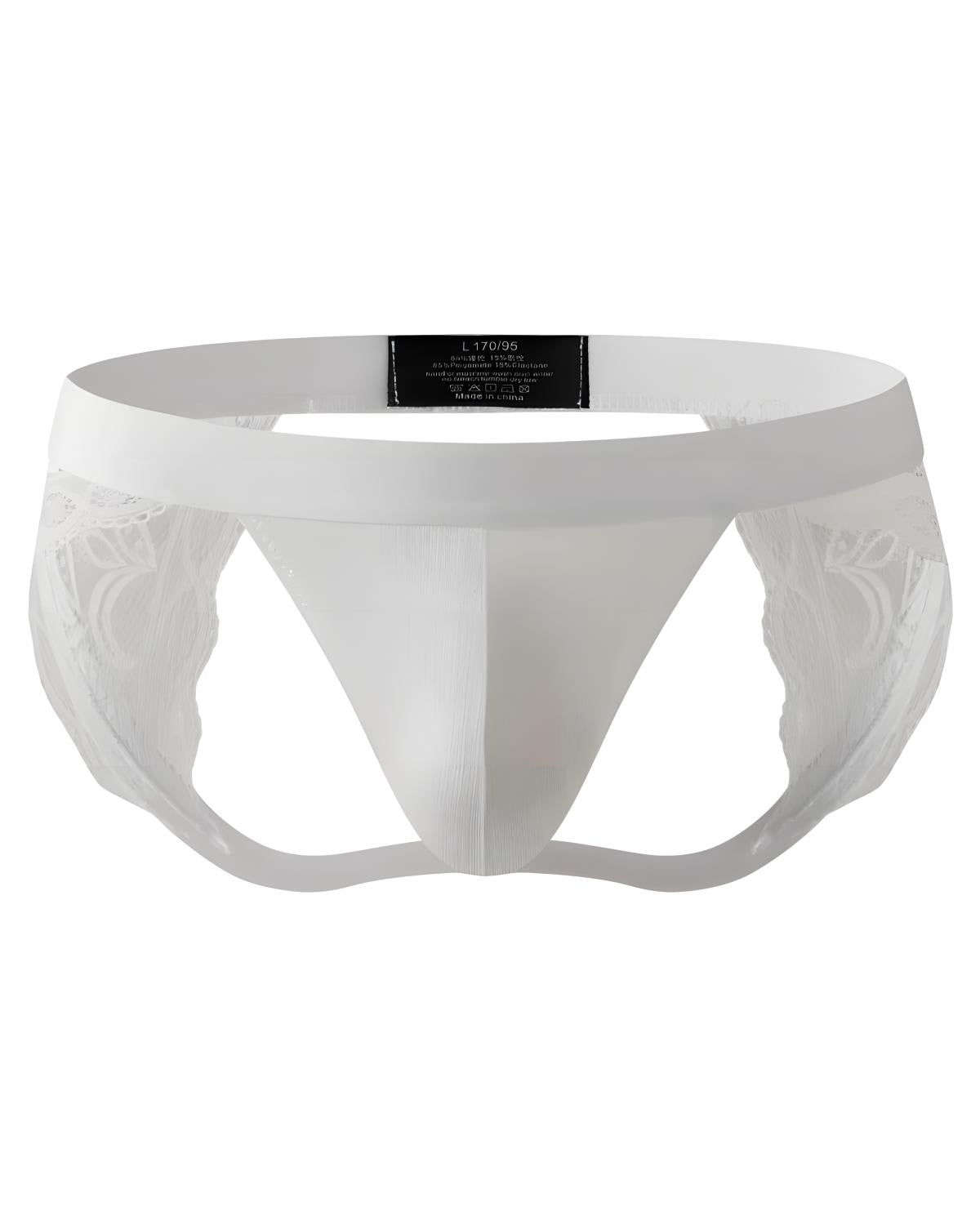 White men's underwear featuring a smooth central pouch, sheer lace side panels, and a wide elastic waistband with a small black brand label.