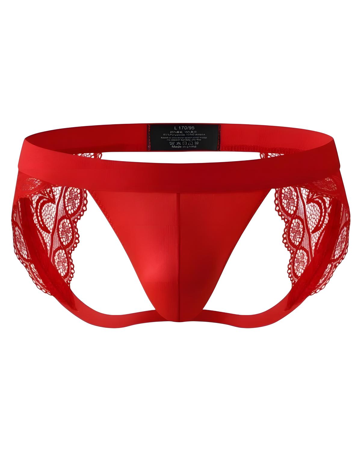 Red lace thong underwear with a wide waistband and a black interior size label, shown against a plain white background.