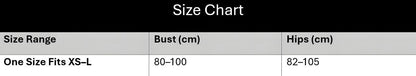 A size chart table with a black header reading 'Size Chart' and three columns labeled Size Range, Bust (cm), and Hips (cm). The first row lists 'One Size Fits XS-L' with measurements 80-100 and 82-105 respectively.