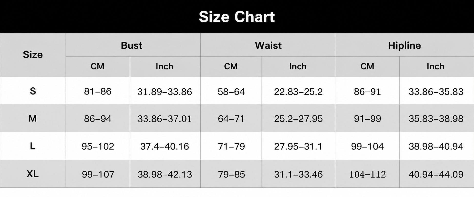 A size chart table with columns for Size, Bust (CM and Inch), Waist (CM and Inch), and Hipline, covering S, M, L, and XL sizes on a black background with a white title bar.