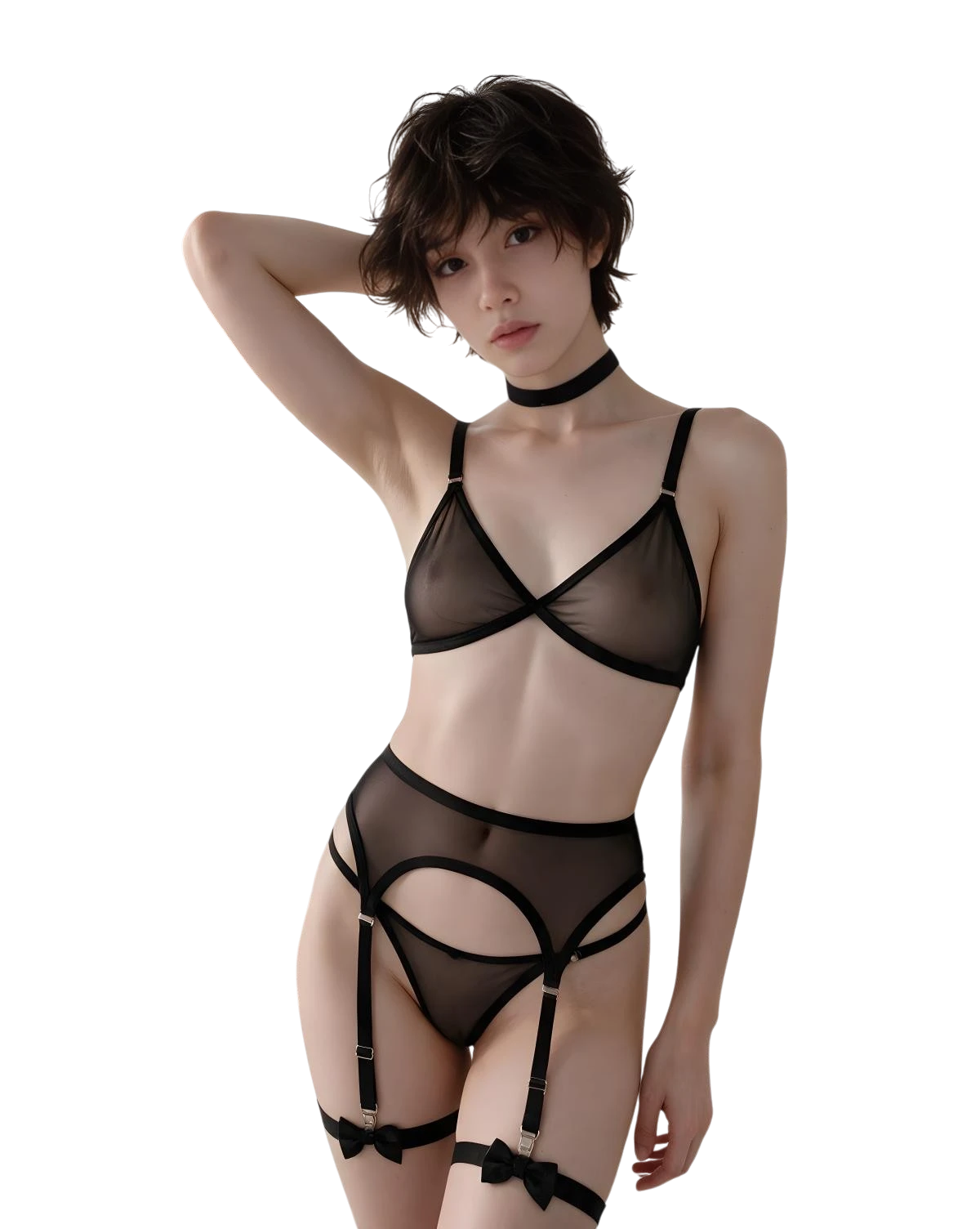 A model wearing a black sheer mesh lingerie set with a bralette, high-waisted garter belt, thong, and thigh garters, photographed against a solid white background.