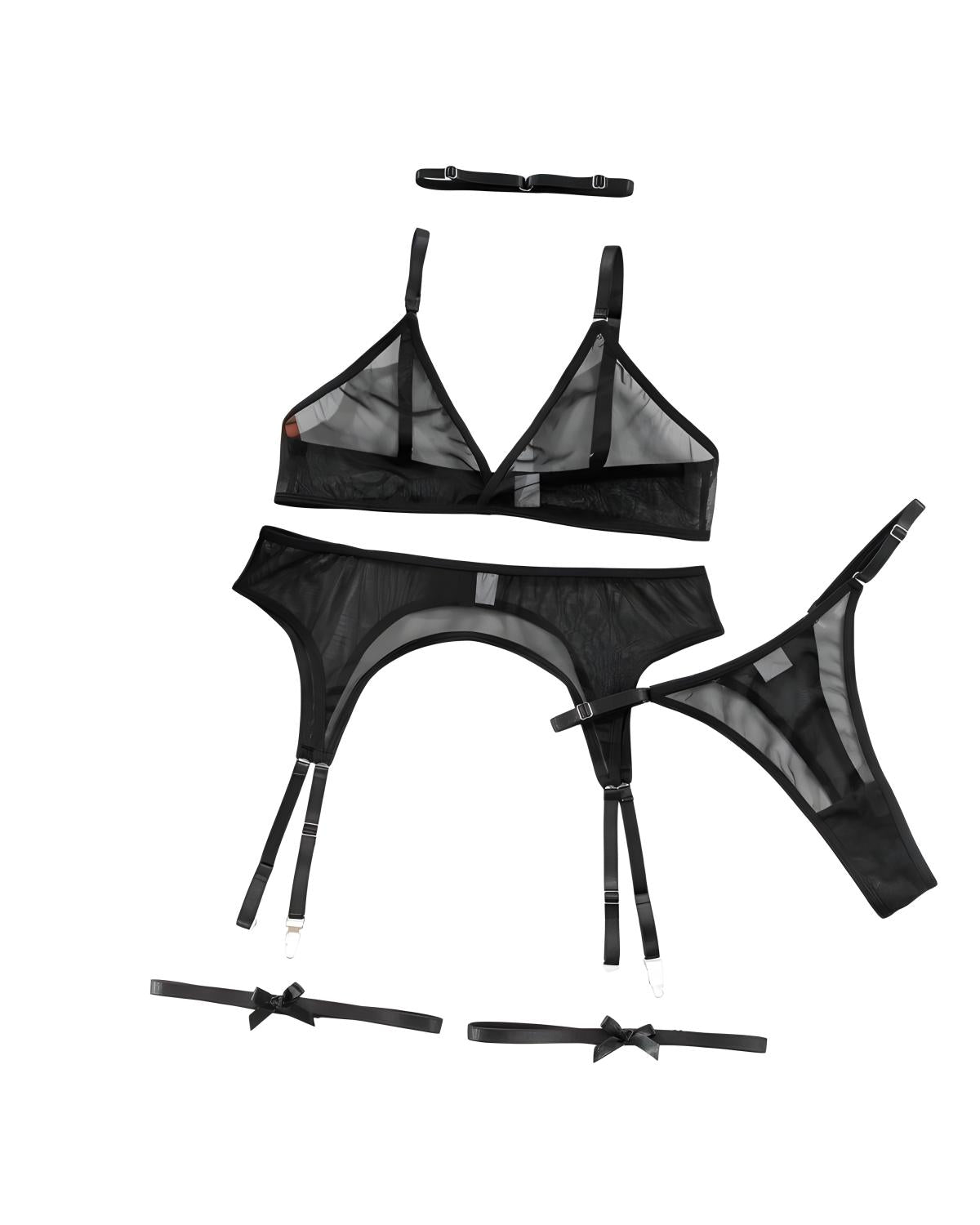 Black sheer mesh lingerie set with matching garter belt, bralette, thong, and garter straps laid out on a white background.