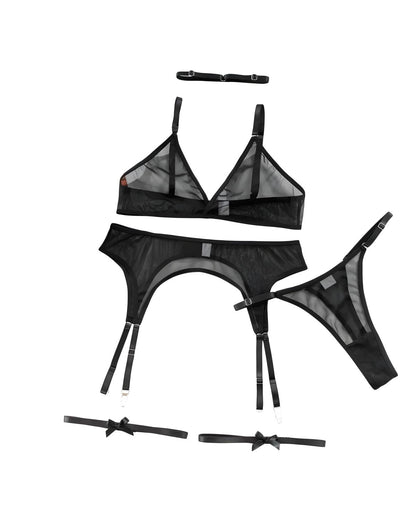 Black sheer mesh lingerie set with matching garter belt, bralette, thong, and garter straps laid out on a white background.