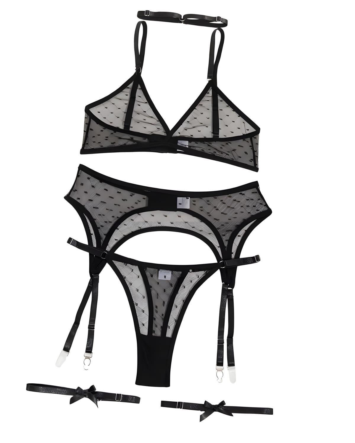 Black sheer mesh lingerie set with a halter bralette, matching garter belt, thong, and two bow garter straps, displayed on a solid white background.