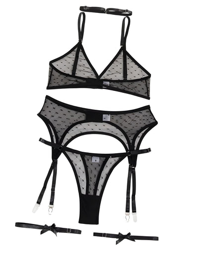 Black sheer mesh lingerie set with a halter bralette, matching garter belt, thong, and two bow garter straps, displayed on a solid white background.