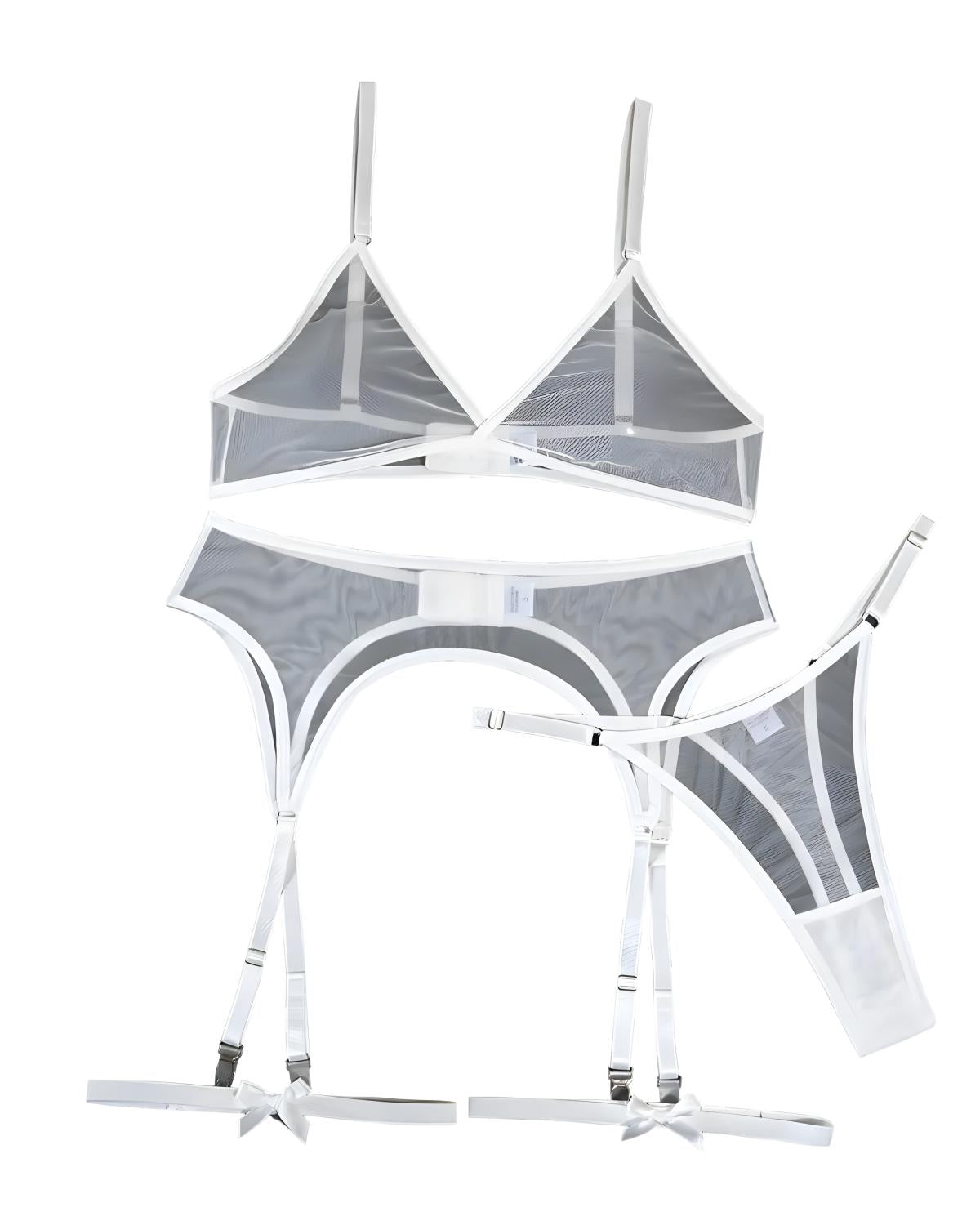 White and gray sheer mesh lingerie set including a triangle bralette, garter belt with attached thigh straps, panty, and garter band, displayed on a white background.