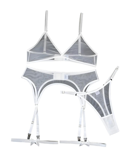 White and gray sheer mesh lingerie set including a triangle bralette, garter belt with attached thigh straps, panty, and garter band, displayed on a white background.