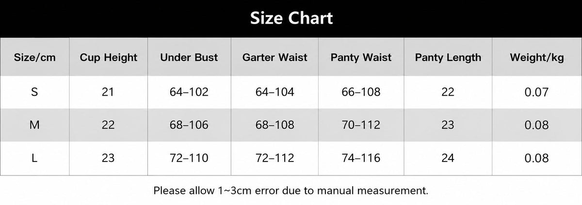 A size chart table with columns for Size/cm, Cup Height, Under Bust, Garter Waist, Panty Waist, Panty Length, and Weight/kg, showing S, M, and L measurements.