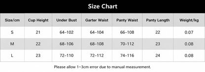 A size chart table with columns for Size/cm, Cup Height, Under Bust, Garter Waist, Panty Waist, Panty Length, and Weight/kg, showing S, M, and L measurements.