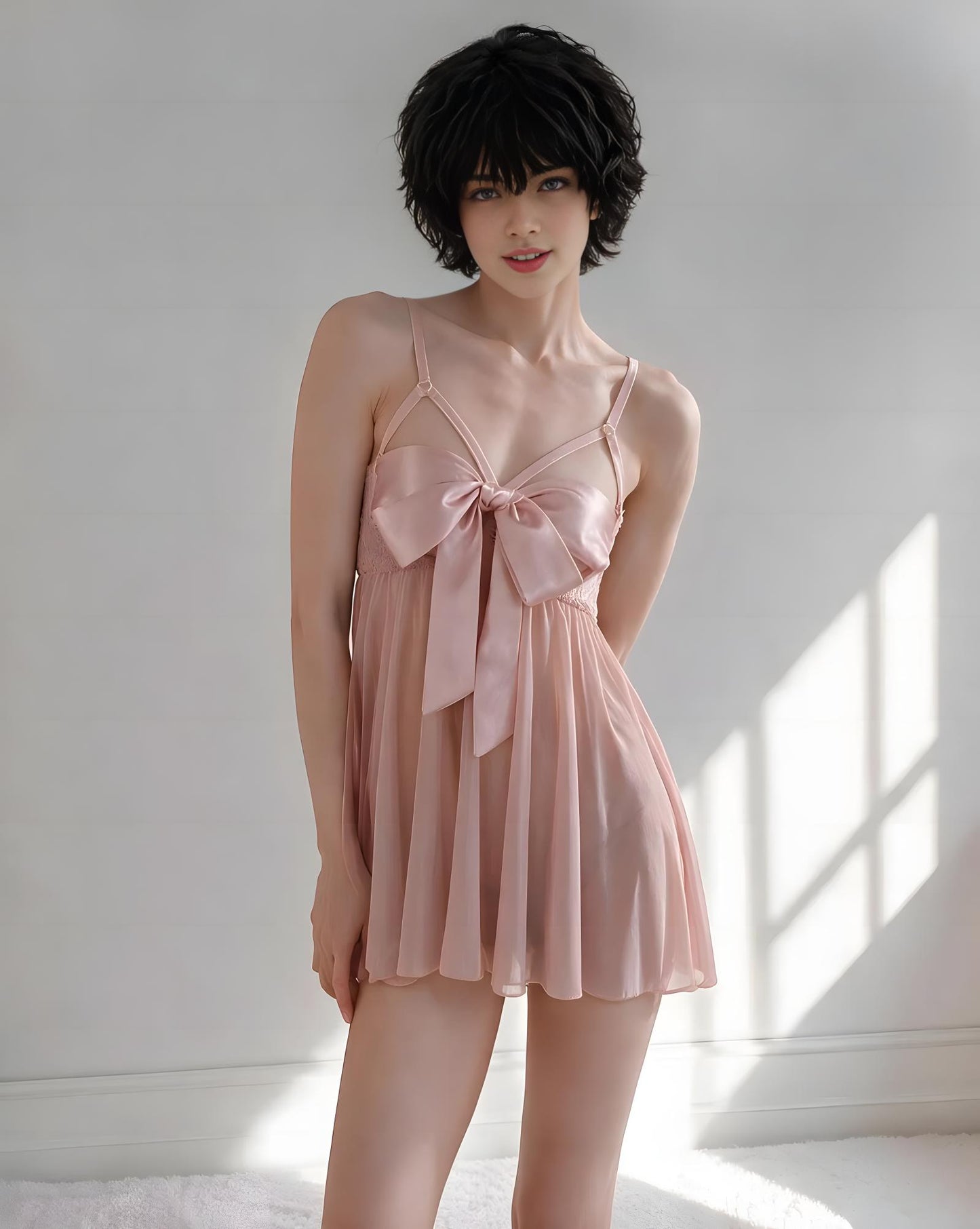 A woman modeling a light pink satin slip dress with spaghetti straps and a large bow at the bust, standing in a bright white room with window light casting shadows.