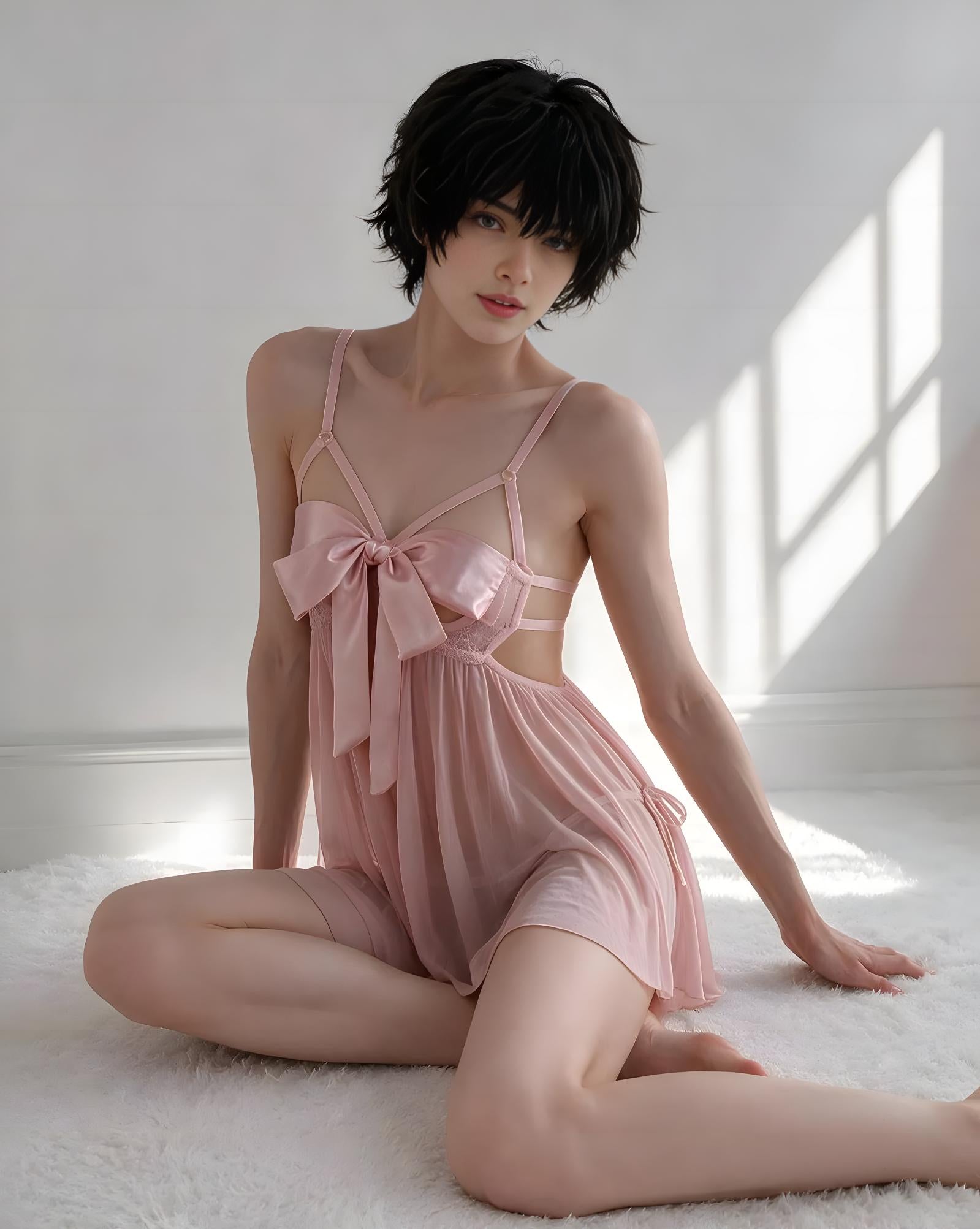 A model with short black hair sits on a white shag rug wearing a light pink satin slip dress with a large bow at the chest and sheer side cutouts, set against a bright white wall with window light shadows.