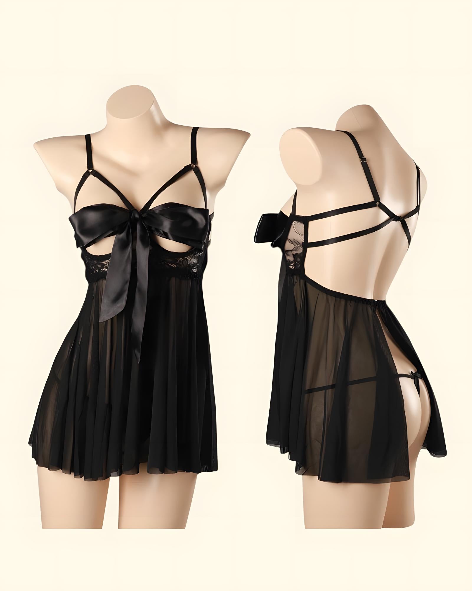Black sheer babydoll lingerie chemise shown on two mannequins, one front view and one back view, against a light cream background.