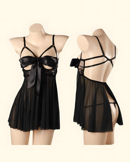 Black sheer babydoll lingerie chemise shown on two mannequins, one front view and one back view, against a light cream background.