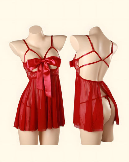 Red sheer babydoll lingerie shown on two mannequins, with one front view and one back view, against a plain light beige background.