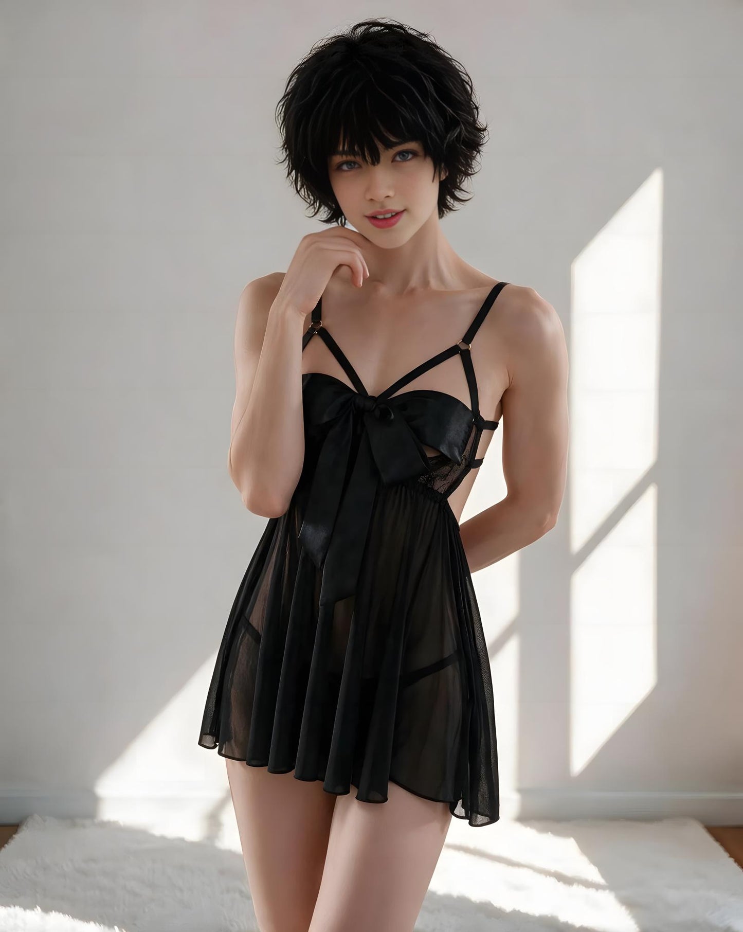 A woman modeling a black sheer babydoll lingerie dress with strappy details and a large bow at the bust, posed in a brightly lit room with window shadows.