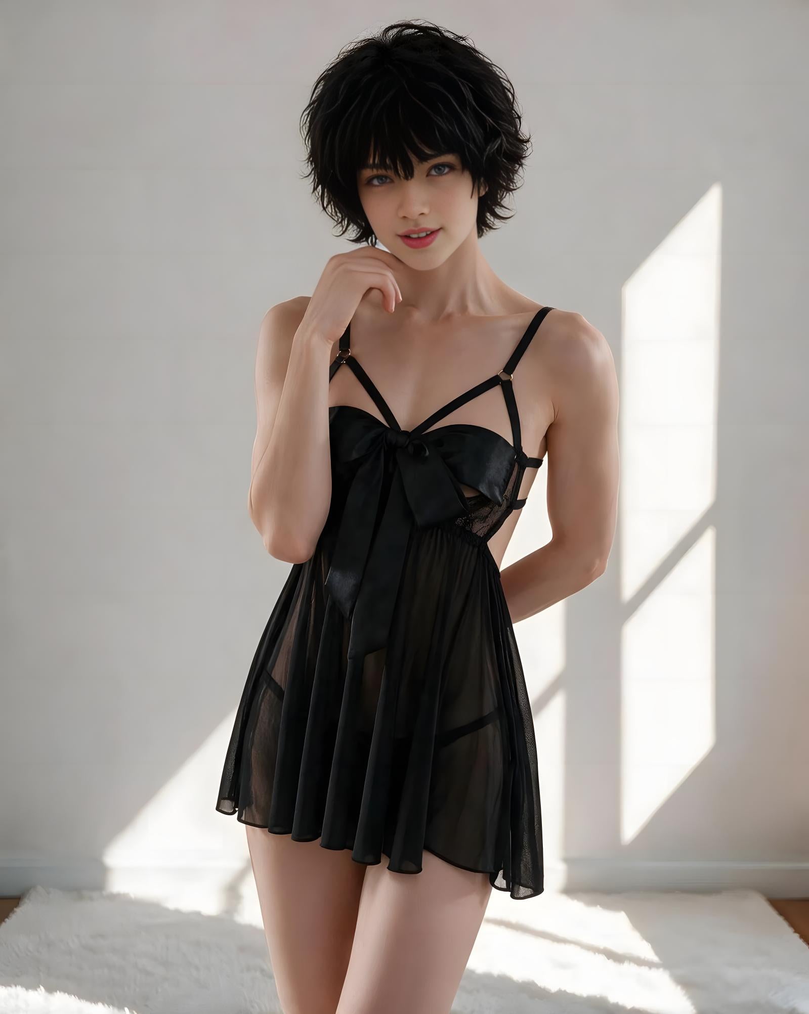 A woman modeling a black sheer babydoll lingerie dress with strappy details and a large bow at the bust, posed in a brightly lit room with window shadows.