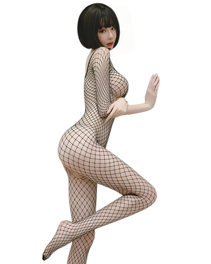 Fishnet body suit with full body stocking design, made of soft, stretchy mesh for a comfortable and flattering fit standing