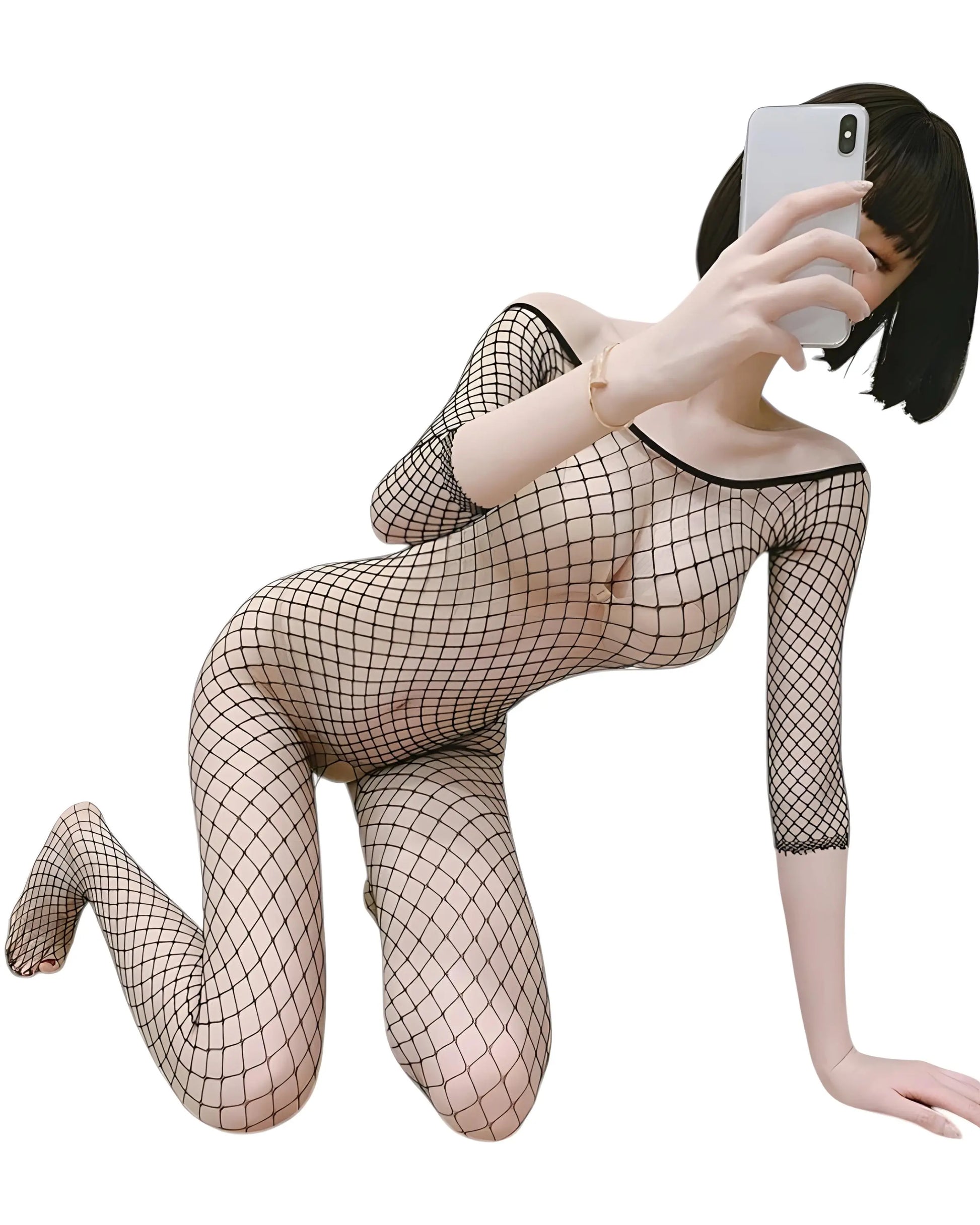 Fishnet body suit with full body stocking design, made of soft, stretchy mesh for a comfortable and flattering fit kneeling